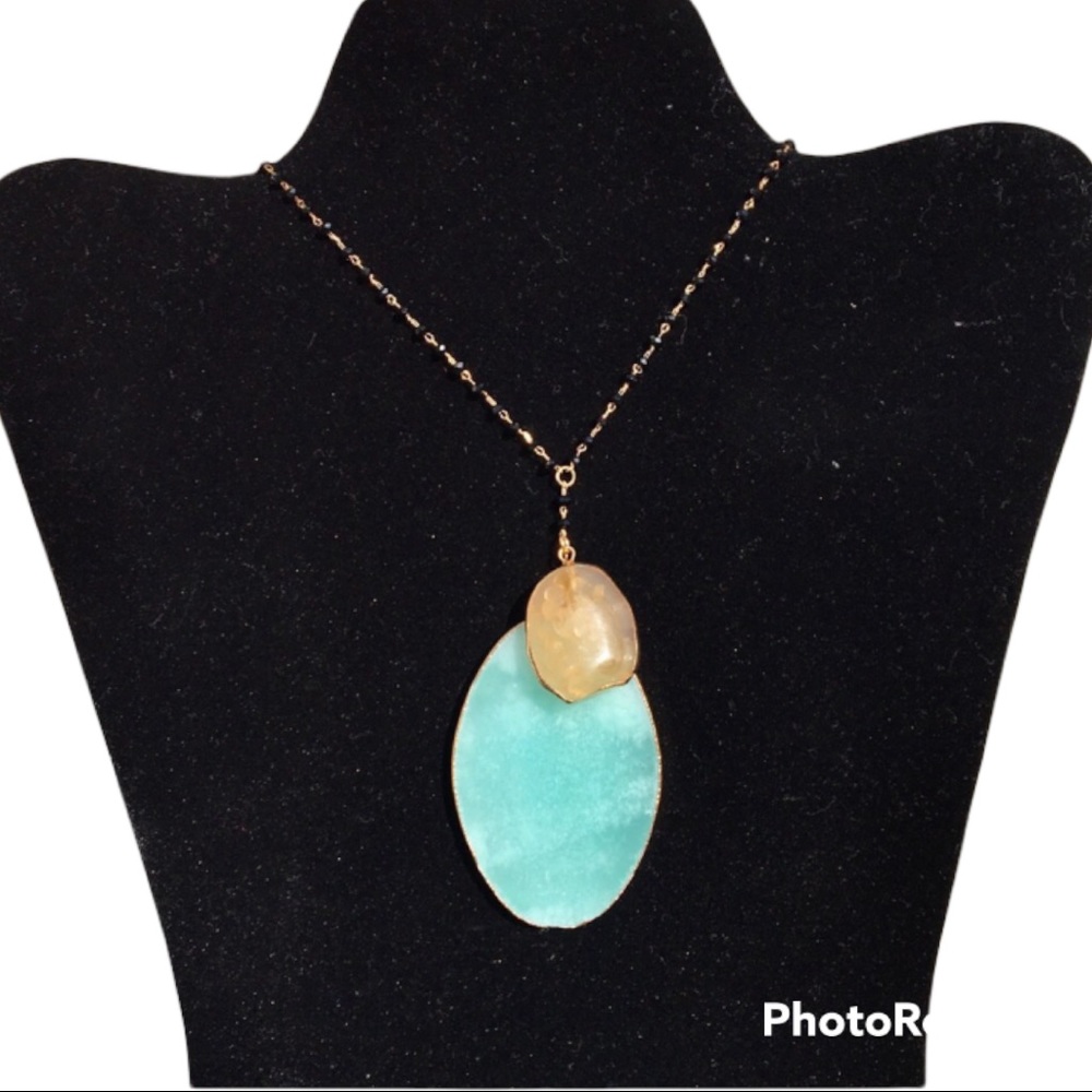Anthropologie Gold Tone Semi Precious Stone Long Necklace Turquoise Amber Boho